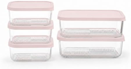 Glass Food Storage Containers with Lids - 10 Piece - 3 x 25.4 oz & 2 x 57.5 oz Glass with BPA-Free Leak Resistant Stackable Lids - Microwave, Oven & Dishwasher Safe - Ideal for Meal - Berry Blush