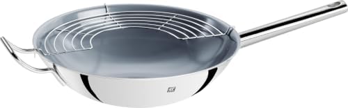 Zwilling Wok, Glass Lid and Removable Grid Insert, Incl. Long Handle, Suitable for Induction, Stainless Steel, Plus,Silver, Ø 32 cm