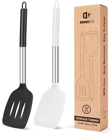 Pack of 2 Silicone Solid Turner, Non Stick Slotted Kitchen Spatulas, High Heat Resistant BPA Free Cooking Utensils, Ideal Cookware for Fish, Eggs, Pancakes(Black-White)