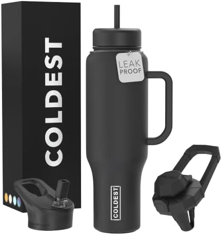 Coldest Tumbler with Handle and Straw - 100% Leak Proof Insulated Tumbler with Lid and Straw (3 Lids) - Stainless Steel Tumblers for Women & Men - Cup Holder Friendly Base, 46 oz (Stealth Black)
