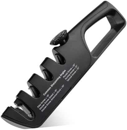 4-in-1 Manual Knife Sharpener for Kitchen Knives & Scissors – Tungsten Carbide and Ceramic Sharpening Stones with Non-Slip Base, Adjustable Angle Guide for All Blade Types (Black)