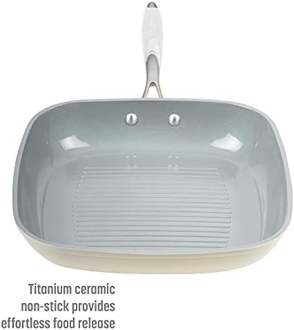 Goodful Ceramic Nonstick 11 Inch Grill Pan, Dishwasher Safe Pots and Pans, Comfort Grip Stainless Steel Handle, Made without PFOA, Griddle, Cream