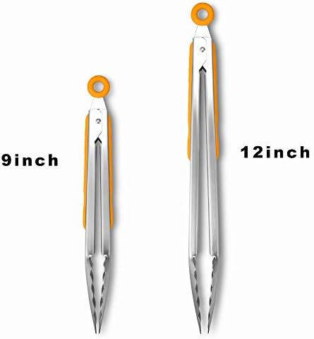 Premium 304 Stainless Steel Tongs Set – 12" Grill Tongs & 9" Cooking Tongs, Heat Resistant up to 600°F, Wavy Grip Head, Non‑Slip Handle with Locking Clip & Hanging Loop, Dishwasher Safe, Orange