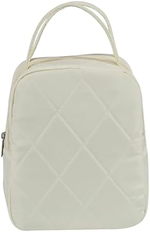 Machine Washable Women Quilted Fabric Insulated Reusable Cooler Lunch Bag Tote Adult Thermal Lunch Box Storage Bag for Ｗork (Cream)