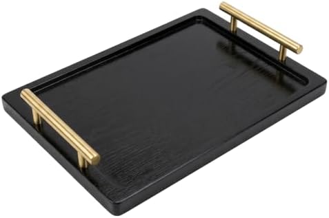PEKER Wooden Serving Tray with Metal Handles, Black Decorative Coffee Table Tray for Breakfast in Bed, Ottoman & Home Décor, Wooden Food Tray for Kitchen