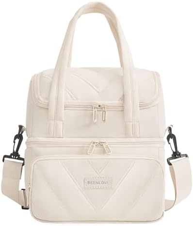 Double Decker Lunch Bag Women Men With Cup Holder, Beige