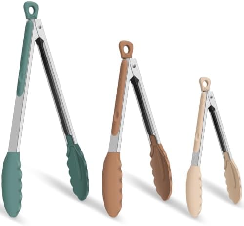 HOTEC Stainless Steel Kitchen Tongs with Silicone Tips, Set of 3-7",9" &12"