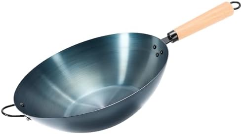 NEWBULIG 13.5" Carbon Steel Wok Pan, Pre-Seasoned Flat Bottom Wok for Stir Fry, BBQ, Grill & Camping, Compatible with Induction, Electric, Gas and Open Fire, Blue