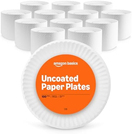 Amazon Basics 9" Uncoated White Paper Plates, Microwave Safe, Commercially Compostable, 1200 Count (Pack of 12)