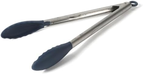Calphalon Kitchen Tongs, Stainless Steel Locking Tongs with Heat-Resistant Silicone Heads, Nonstick-Safe Cooking Tongs for Grilling, Serving & Food Prep, Navy Blue
