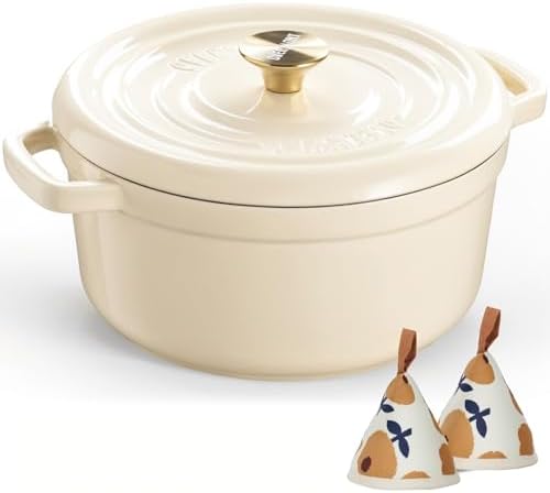 Overmont Enameled Cast Iron Dutch Oven - 5QT Pot with Lid Recipe Potholders