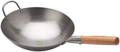 Cuisinart 12” Carbon Steel Hammered Wok, Traditional Round Bottom, Stir Fry Pan with Wooden & Helper Handle for Authentic Asian Cuisine, Wok Hei Cooking Perfect for Stir-Fry, Sauté & Deep Fry