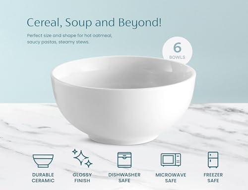 KooK Ceramic Soup bowls, Microwave, Dishwasher and Freezer Safe, Porcelain Dishes for Soup, Pasta, Salad, Oatmeal, Deep Interior, 24 oz, Set of 6, Marshmallow White