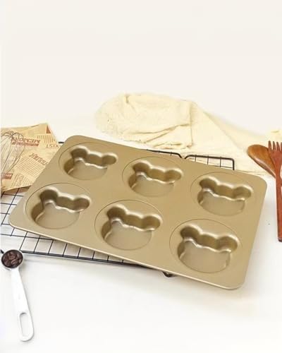 Muffin Top Pan with Lid 3.7inch Jumbo Size, 6 Cup Straight Side Professional English Muffin Cupcake Pan for Baking, Non-Stick Hamburger Bread Forms - Stainless Steel, Gold, Bear Shape