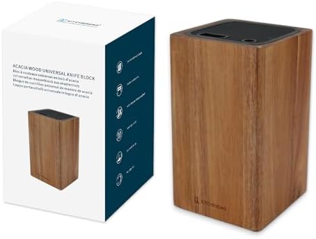 KITCHENDAO Deluxe Universal Knife Block with Slots for Scissors and Sharpening Rod - Acacia Wood Knife Block For Safe, Space Saver Knives Storage - Unique Slot Design to Protect Blades
