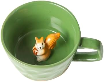 DIHOclub Farmhouse Ceramic Coffee Mug with Squirrel Figurine – Rustic Stoneware Cup, Matte Finish, Ideal for Breakfast & Home Decor (Green Squirrel)