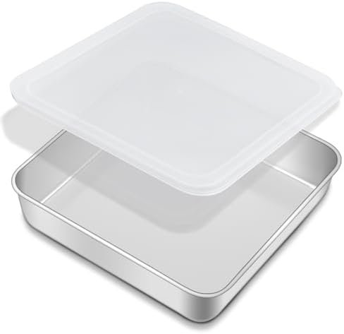 Premium 18/0 Stainless Steel Square Cake Pan with PE Lid (2-Pack), 8x8x2 Inch Heavy-Duty Baking Mold for Brownie, Casserole & Oven Baking, Dishwasher Safe Bakeware Set