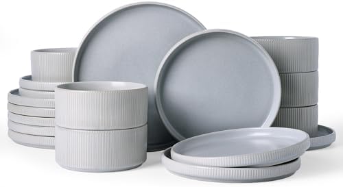 Famiware Star Plates and Bowls Sets, 18pc Modern Stoneware Dinnerware for 6