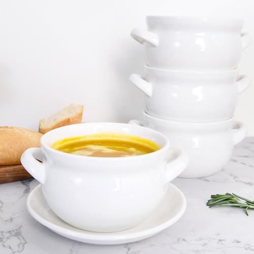 Vumdua Soup Bowls with Handles, 16 Oz Ceramic French Onion Soup Bowls - Stackable Oven Safe Bowls Serving Crocks for Soup, Cereal, Chilli, Pot Pies, Set of 4, White (White, 16 oz)