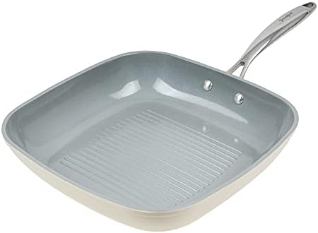 Goodful Ceramic Nonstick 11 Inch Grill Pan, Dishwasher Safe Pots and Pans, Comfort Grip Stainless Steel Handle, Made without PFOA, Griddle, Cream