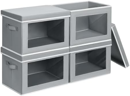 Homsorout Storage Bins with Lids - Small Fabric Organizers with Window, Collapsible Storage Bins for Clothes, Decorative Closet Organizers for Towels, Tshirt, 4 Pack, Grey