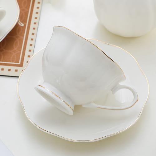 6oz Porcelain Tea Cup & Saucer Set of 6, White with Gold, Party