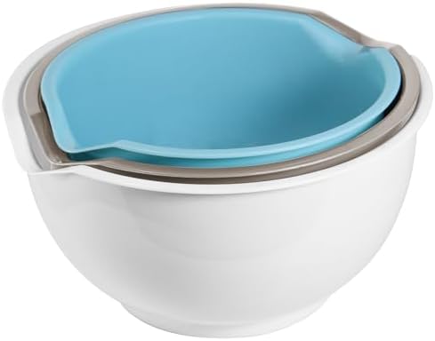 3pcs Mixing Bowls with Pour Spout-Nesting Design Saves Space - Non-Slip, BPA Free, Dishwasher Safe Plastic - Kitchen Cooking and Baking Supplies (White)