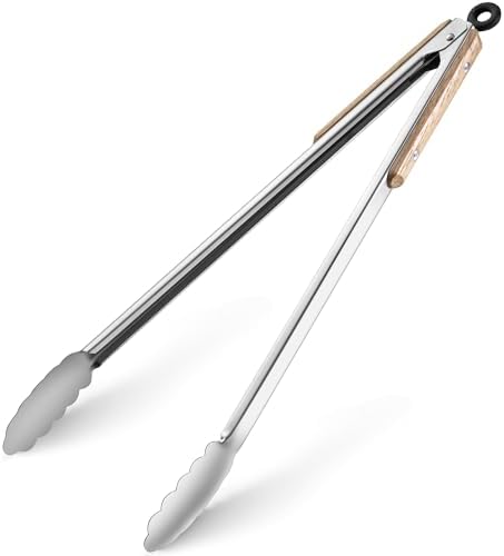 17-Inch Grill Tongs,Long Wood-Handled BBQ Tongs,Heavy Duty Stainless Steel