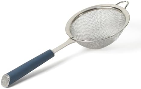 Calphalon Edge Stainless Steel Strainer, Fine Mesh Kitchen Colander Strainer with Thermoplastic Rubber Handle, Sifter for Rinsing, Draining & Straining Food, Navy