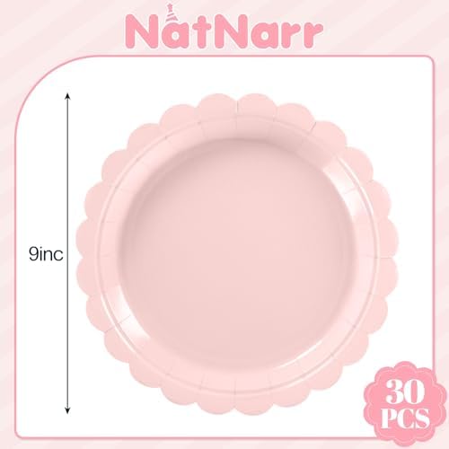 NatNarr 30 Pcs Pink Paper Plates 9 Inch Scalloped Pink Plates Cute Dessert Cake Party Plate for Girls Birthday, Baby Bridal Shower, Wedding (Pack of 3)