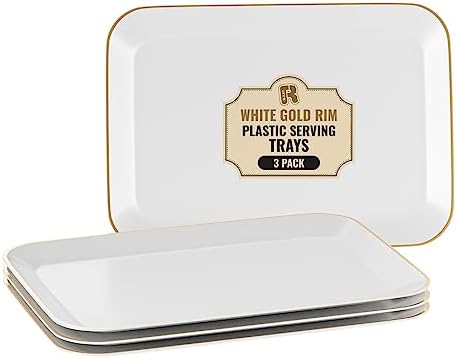 R-kay 3 Pack Plastic Serving Trays for Party - White and Gold Tray 8 by 11 in Heavy Duty Dessert Food Rectangular Premium Platters