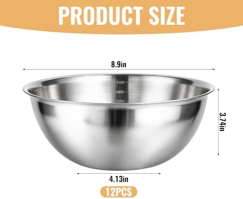 12 Pcs Stainless Steel Mixing Bowls with Graduations, Reusable Metal Mixing Bowls, Stackable Baking Food Storage Containers for Salads, Snacks, Noodles & Meal Prep