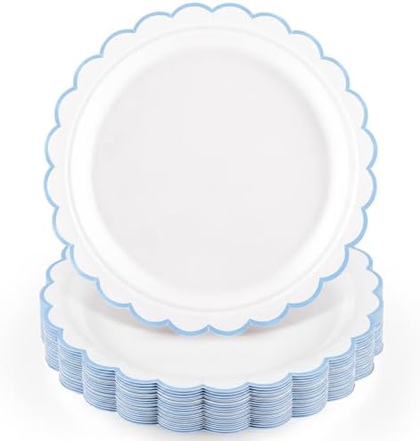 NatNarr 30 Pcs Light Blue Plates 9" Scalloped Blue and White Dessert Plates