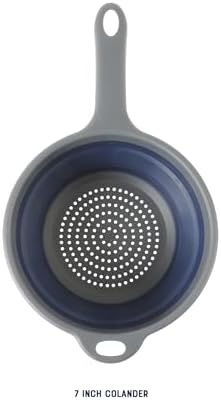 Oster Bluemarine Foldable Handled Strainer – 7-Inch Collapsible Colander for Pasta, Veggies, Fruits, Compact Kitchen Tool, Dishwasher Safe, Blue/Grey