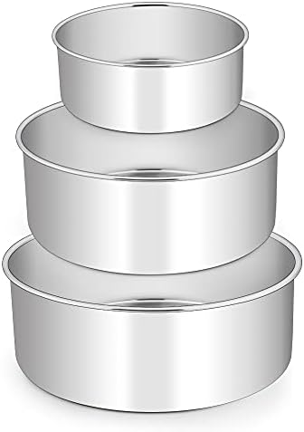 E-far Deep Cake Pan Set of 3 (6/8/9½ Inch), Stainless Steel Round Cake Pan