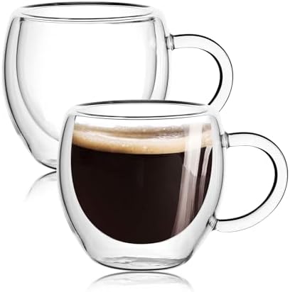 Espresso Cups Set of 2 With Handle,2.5oz Clear Expresso Shots Cup,Espresso Shot Glasses,Double Wall Insulated Expresso Mugs,Tazas de Cafe Expreso,Microwave Dishwasher Safe,Suit for Espresso Machine