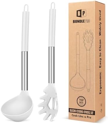 BUNDLEPRO Silicone Soup Ladle and Pasta Spoon Set, 2 Pack, White