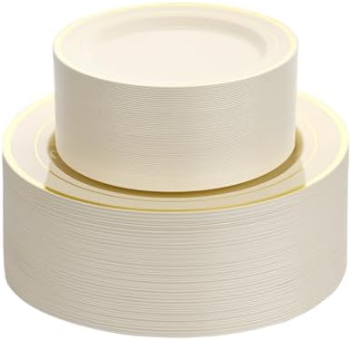 Goodluck 200 PCS Ivory and Gold Plastic Plates Heavy Duty Disposable