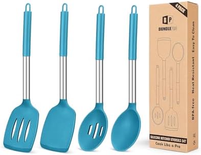 Pack of 4 Silicone Cooking Utensils Set, Non Stick Large Solid Spatulas, Heat Resistant Blue Slotted Spoons, Ideal BPA Free Kitchen Turners for Frying, Mixing,Serving,Draining,Turning,Stirring