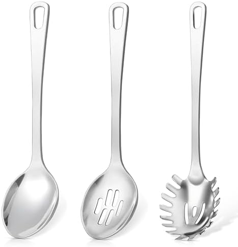 3 Pcs Stainless Steel Cooking Utensils Set, Heat Resistant Kitchen Utensils, Metal Kitchen Tools Include Solid & Slotted Spoon, Pasta Server, Ergonomic Handle, Dishwasher Safe, Easy to Clean, Silver