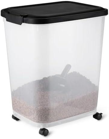 Amazon Basics Pet Food Storage Container with Wheels, BPA-Free, Detachable Scoop, 30lbs Capacity, Reliable Seal