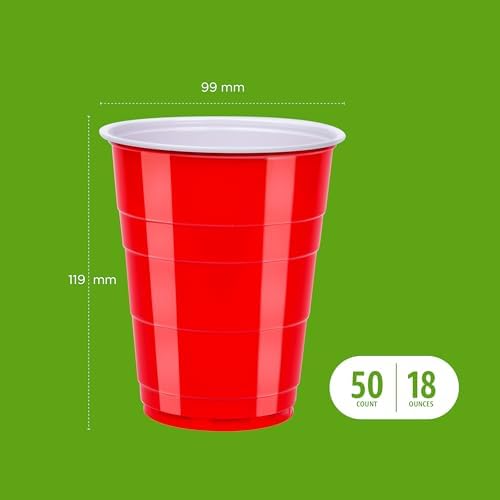 Amazon Basics Sturdy Disposable Plastic Party Cups for Cold Drinks, Red, 18oz, 50 Count, BPA-Free