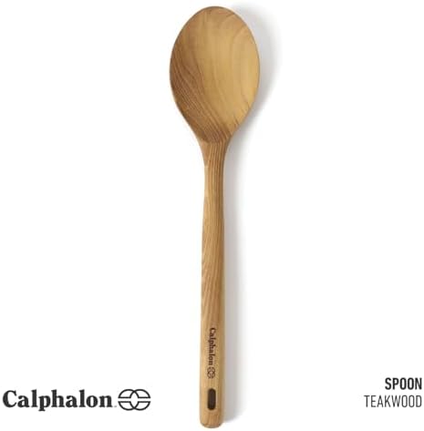 Calphalon Prime Cooking Spoon, 13-Inch Teak Wood Kitchen Spoon, Stirring Spoon for Mixing, Serving & Nonstick Cookware, Durable Moisture-Resistant Design