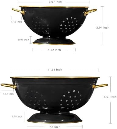 Metal Colander 2 Pack, 3.5 Quart Powder Coated Self-draining Solid Ring Base Metal Large Kitchen Pasta Vegetable Fruit Strainer with Handle (L-BLACK)