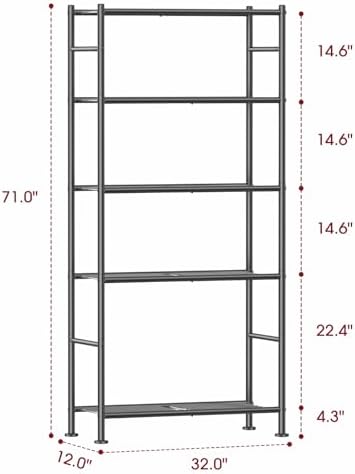 Sakugi 5-Tier Metal Storage Shelves Adjustable Feet, 32"x12"x71", Black
