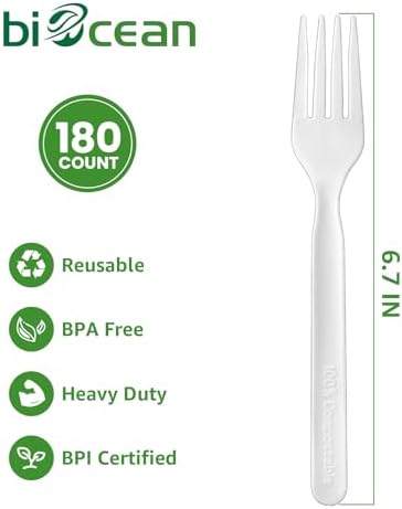 100% Compostable Forks 180 Count Disposable Forks bulk Utensils Set Heavy Duty Fork Silverware Eco Friendly Flatware for Party Camping Picnics Wedding-Ivory White