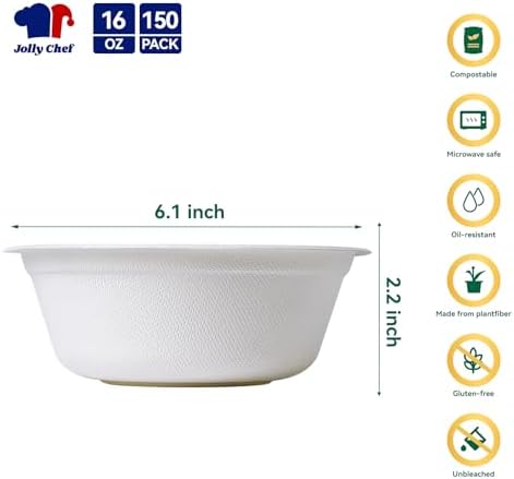 Compostable Disposable Paper Bowl 16 oz Heavy Duty Soup Containers 150 Pack