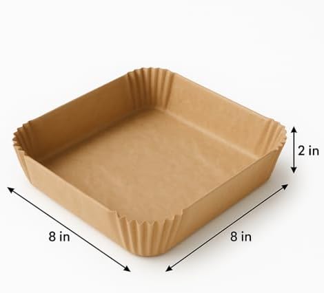8 Inch Square Pre-Formed Parchment Paper, Plastic Free Packaging, Natural Unbleached Food Grade Non-Stick Liners, High Heat Safe, Designed in USA, 50 Sheets