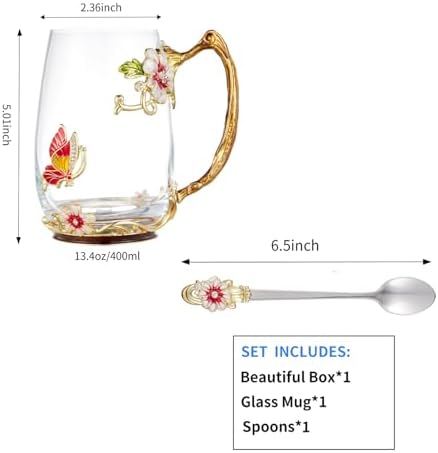 Flower Tea Cup,Clear Glass Fancy Coffee Mug with Spoon,Gift Box for Her Mom Wife Grandma Girls Friends Valentines Christmas Birthday Present Idea for Juice Milk Hot And Cold Drinks Use