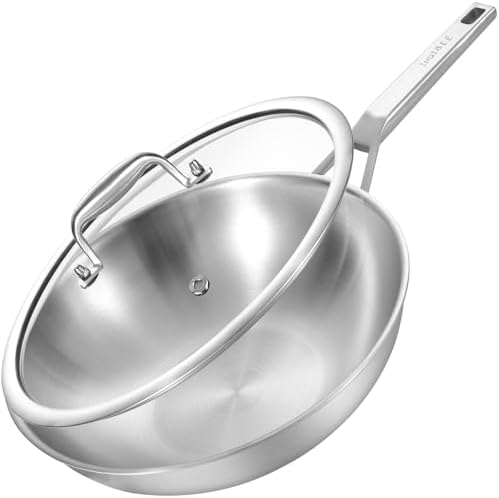Inqibee 12 Inch Stainless Steel Wok Pan with Lid, Detachable Handle